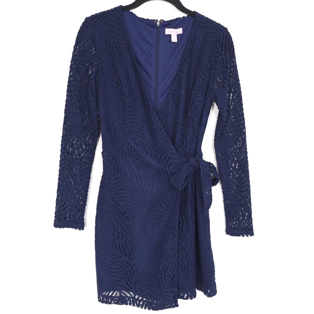Lilly Pulitzer Tiki Lace Wrap Romper Size XS True Navy Lace V-neck Long S 30688 - Picture 4 of 16